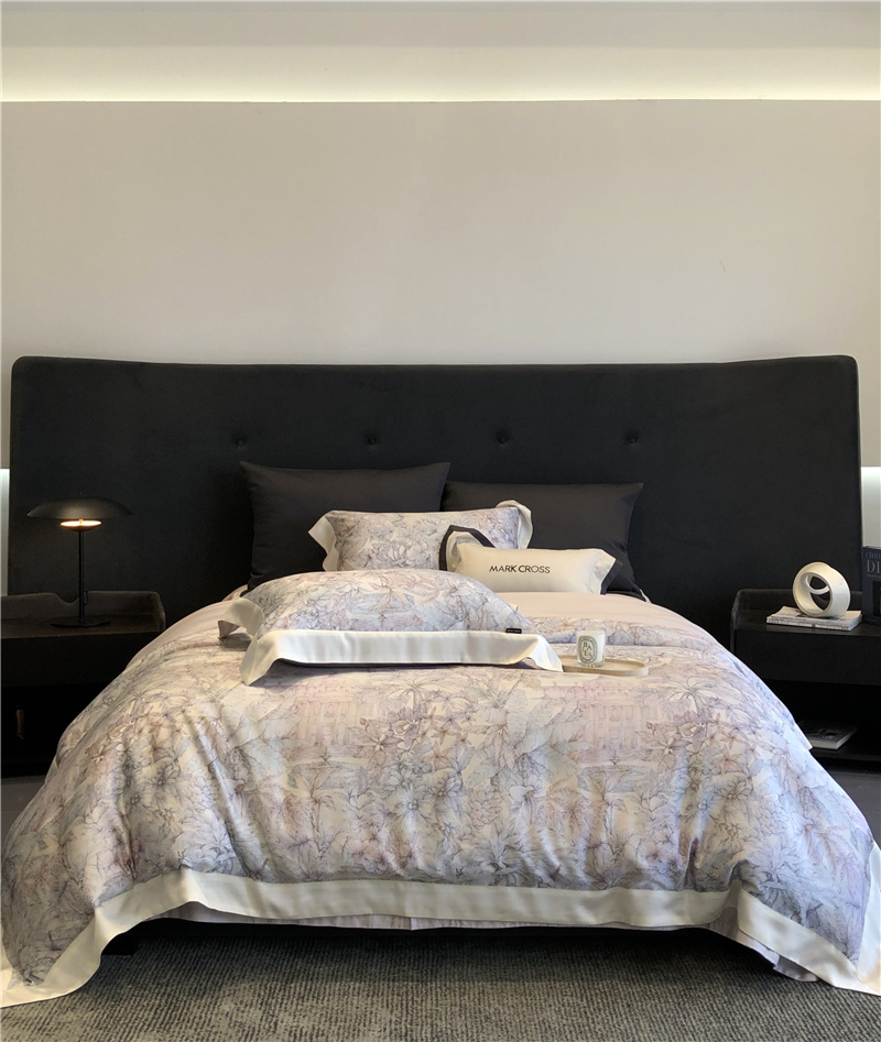 Cool ultra-fine denier Tencel summer light and cool condensation filament four-piece set, elegant printed sweat-absorbing nude bedding pic 56