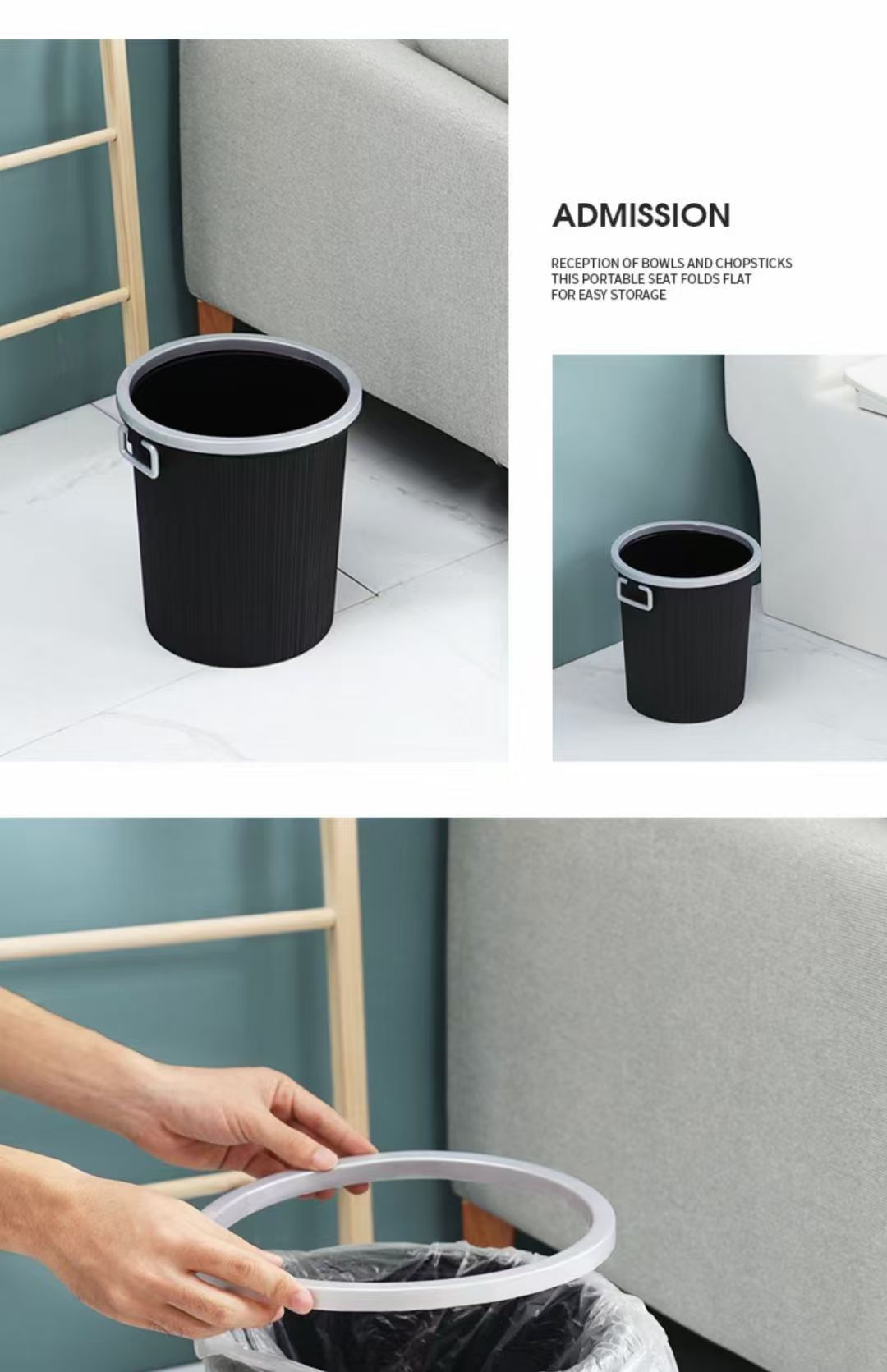 拉环垃圾桶办公环卫物业厨房商用酒店客房塑料黑色大号无味02249详情2