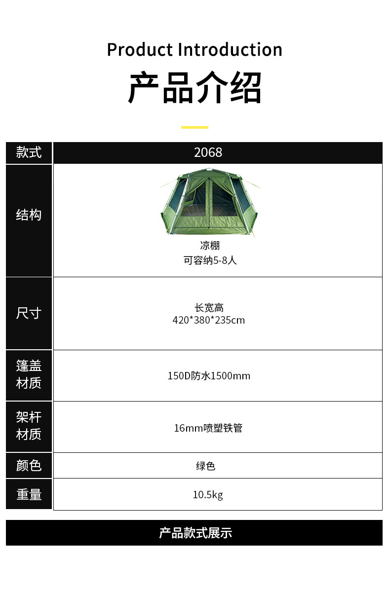 全自动速开六角帐篷防雨防晒大空间遮阳凉蓬户外野营加厚露营装备详情3