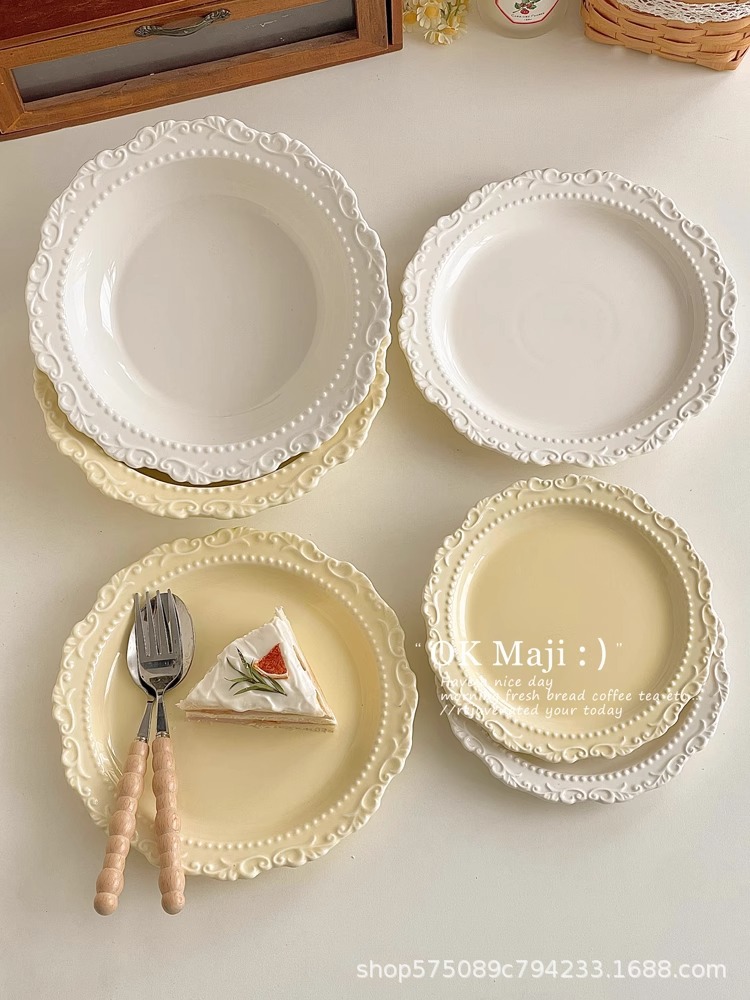 French retro straw hat plate, high-end and light luxury dinner plate, home ceramic vegetable plate, cream-style cake dessert plate pic 9