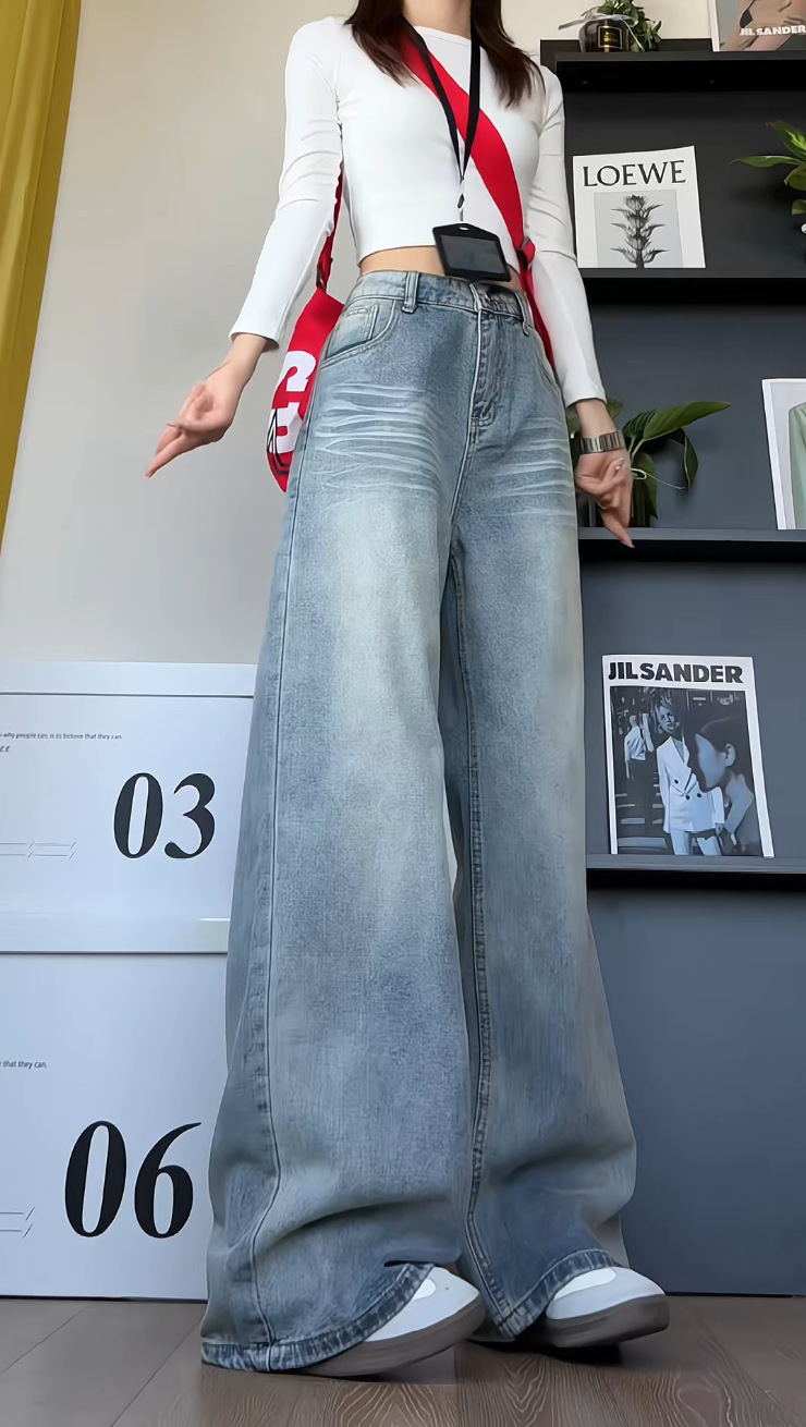 American high street retro cat beard washed jeans for men and women, loose straight pants for spring and autumn, cleanfit wide-leg pants pic 21