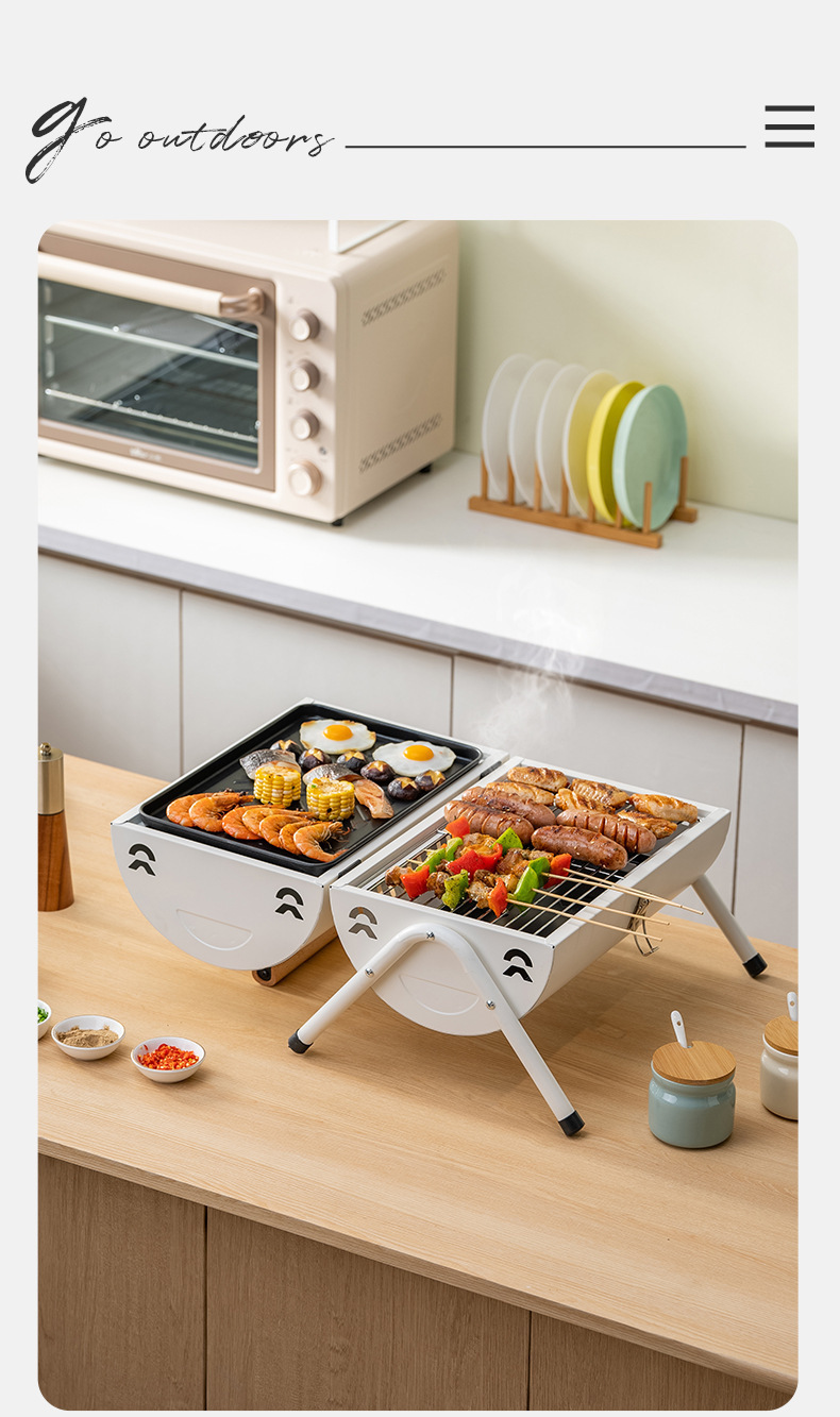 Outdoor camping barbecue grill, double-sided portable portable grilling and roasting dual-purpose charcoal grill, chimney grill pic 5