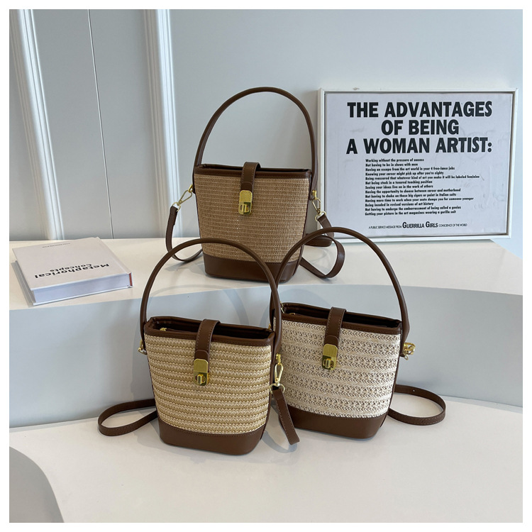 时尚手提编织包包女2023新款高级质感草编包单肩斜挎包休闲水桶包详情10