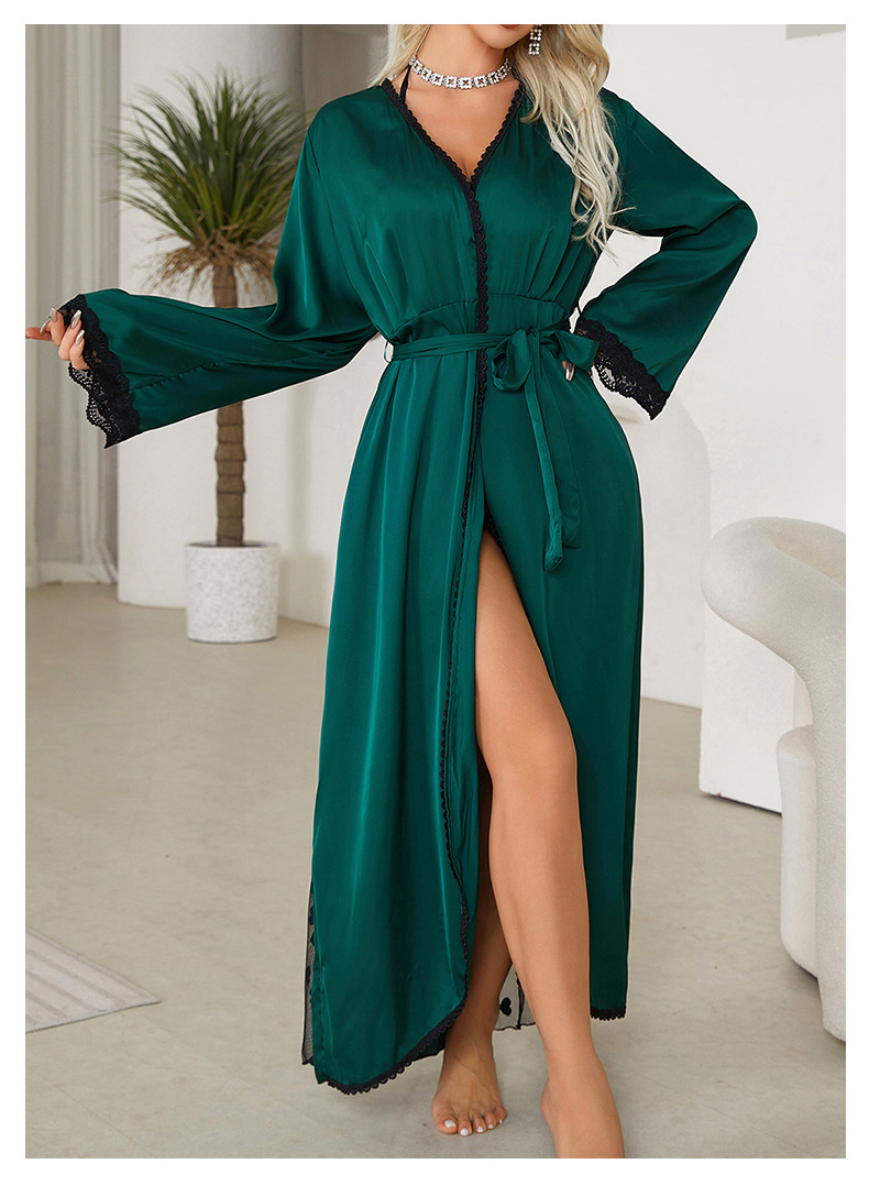 New cross-border light luxury long-sleeved V-neck satin lace patchwork long bathrobe, bathrobe and home wear for women, 657 pic 23