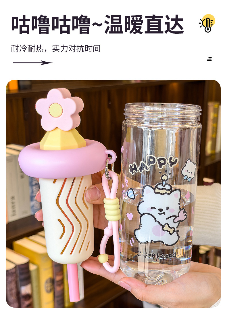 Cute cat-patterned transparent water cup with handle, glass cup with sun relief, glass thermos pic 4