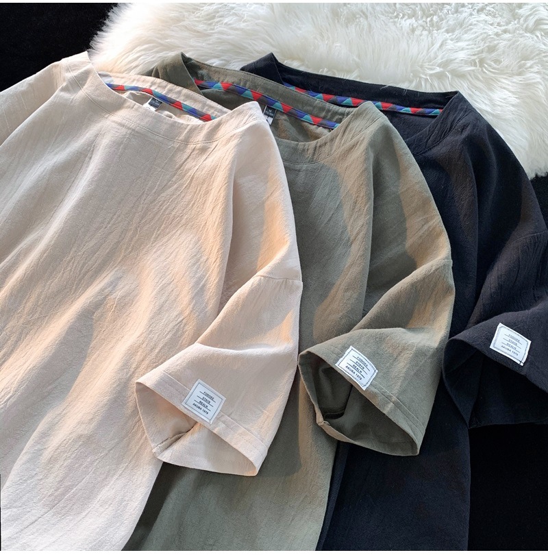 Linen short-sleeved T-shirt for men, a new summer trend. Cotton and linen half-sleeved loose solid color base layer, a trendy T-shirt top pic 20