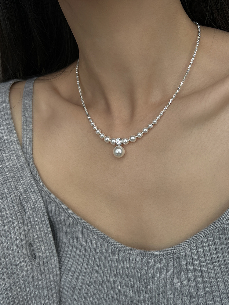 新中式碎银子王妃施家强光珍珠S925纯银渐变项链设计高级感锁骨链详情1