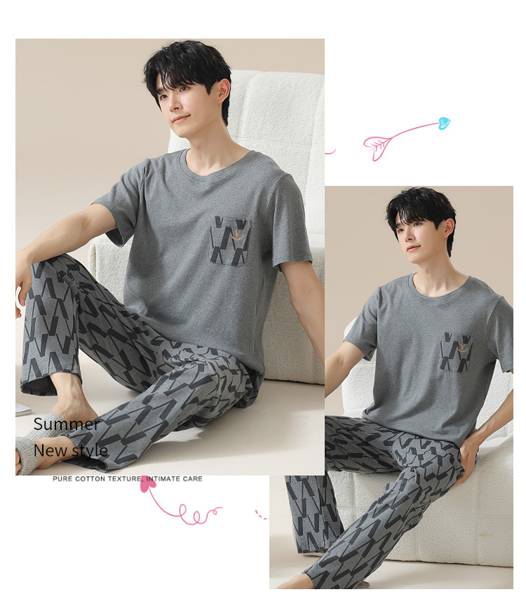 Summer pure cotton pajamas for men, cartoon casual short-sleeved shirts and long pants, pure cotton comfortable home wear, summer youth student set pic 97