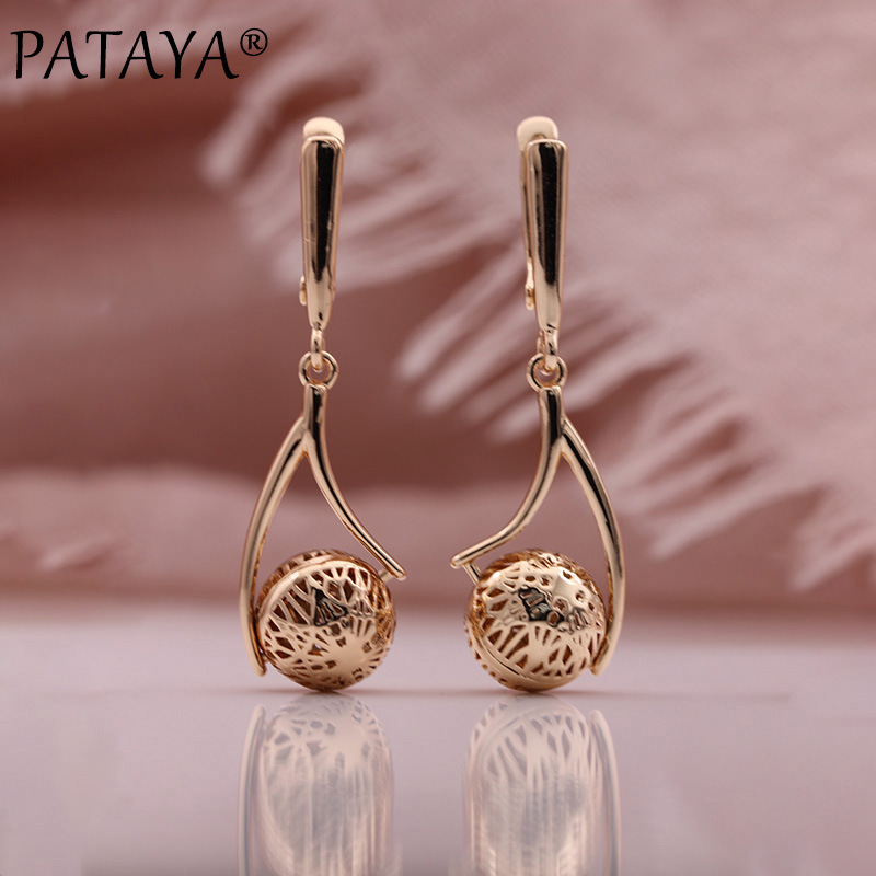 PATAYA585 rose gold electroplated earrings, cross-border direct supply to Amazon, retro hollow spherical long earrings pic 1