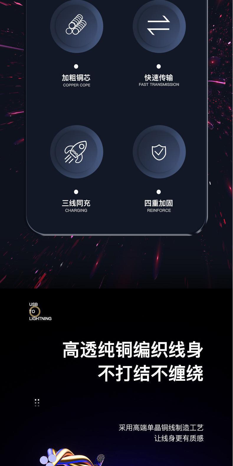 数据线炫彩RGB一拖三流光66w车载呼吸灯线渐变超级快充手机充电线详情25