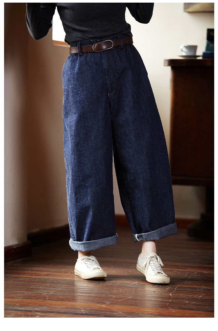 春秋款藏海蓝经典文艺复古耐磨阔腿半松紧牛仔裤长裤休闲挺括女裤详情17