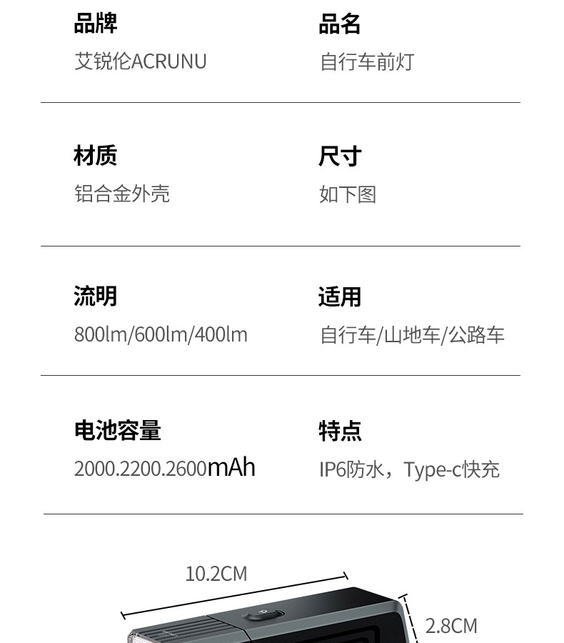 ACRUNU自行车灯单车夜骑防眩目防水照明灯山地公路车吊装强光前灯详情3