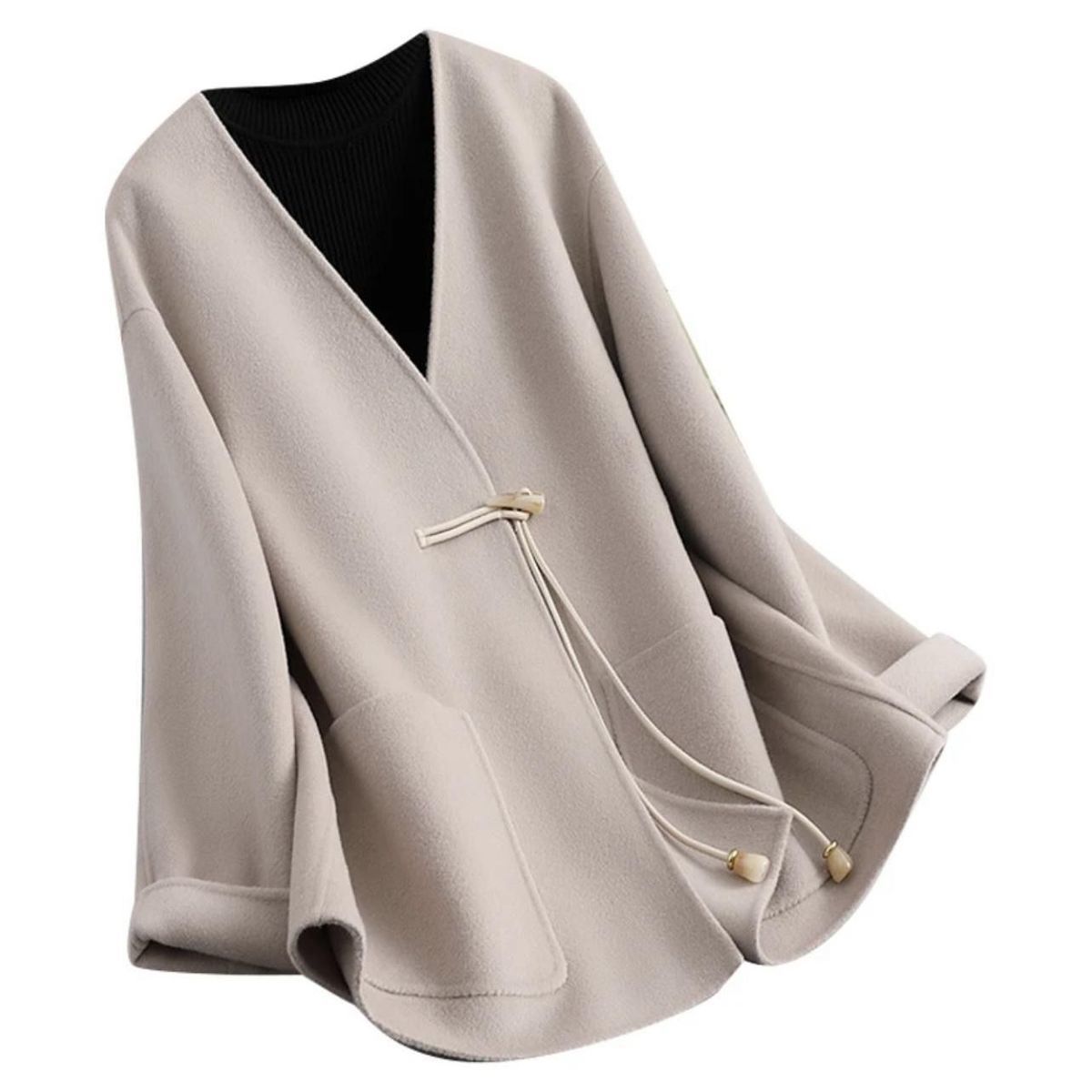 新中式黑色双面毛呢大衣女高气质牛角扣呢子外套2025秋冬新款上衣详情11