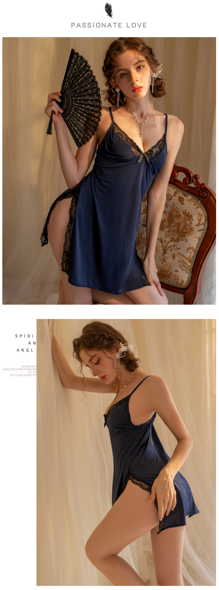 雅尼纺YANNI情趣睡衣女开叉深V领吊带睡裙蕾丝花边高级感纯欲风露背内衣E111详情3