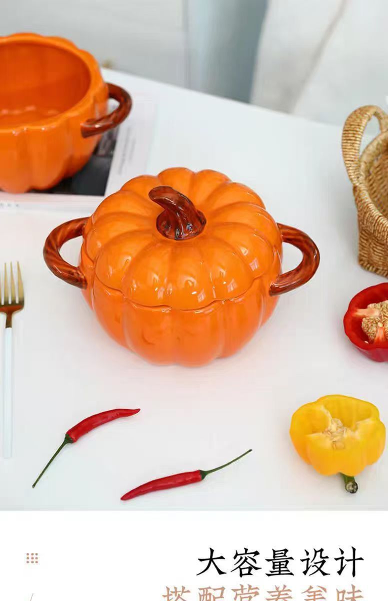 500ml陶瓷汤碗带盖创意南瓜盖碗家用双耳面盖碗详情6