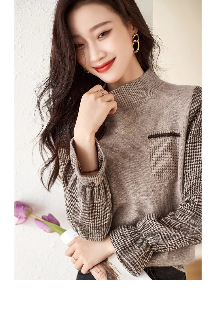 Two fake sweater women's tops for Spring and autumn 2024, knitted base layer, stylish patchwork top, checkered flared sleeves pic 11