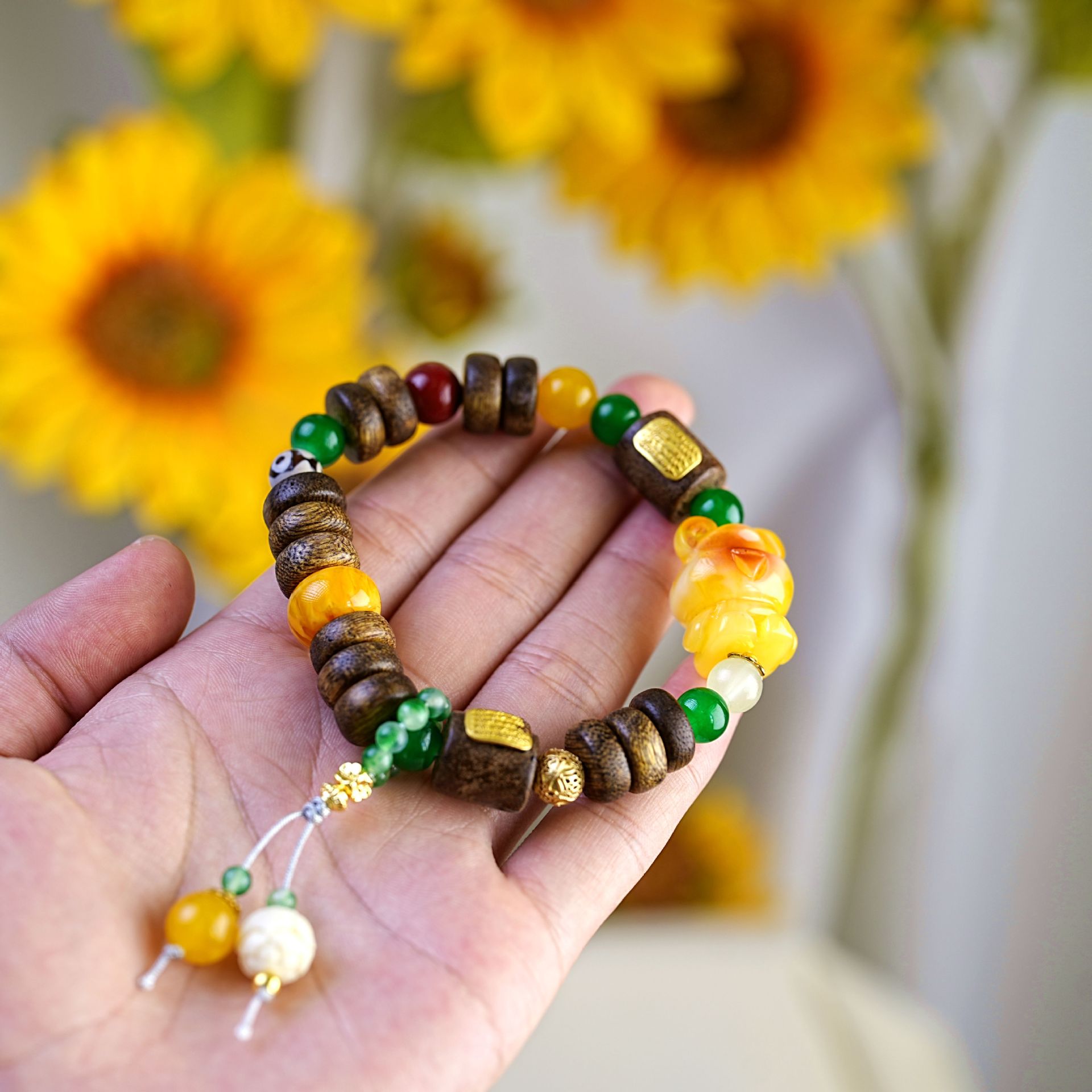 New Chinese-style beads and agarwood bracelet, cute bear Bodhi pendant, cultural and artistic bracelet, beaded accessories pic 1