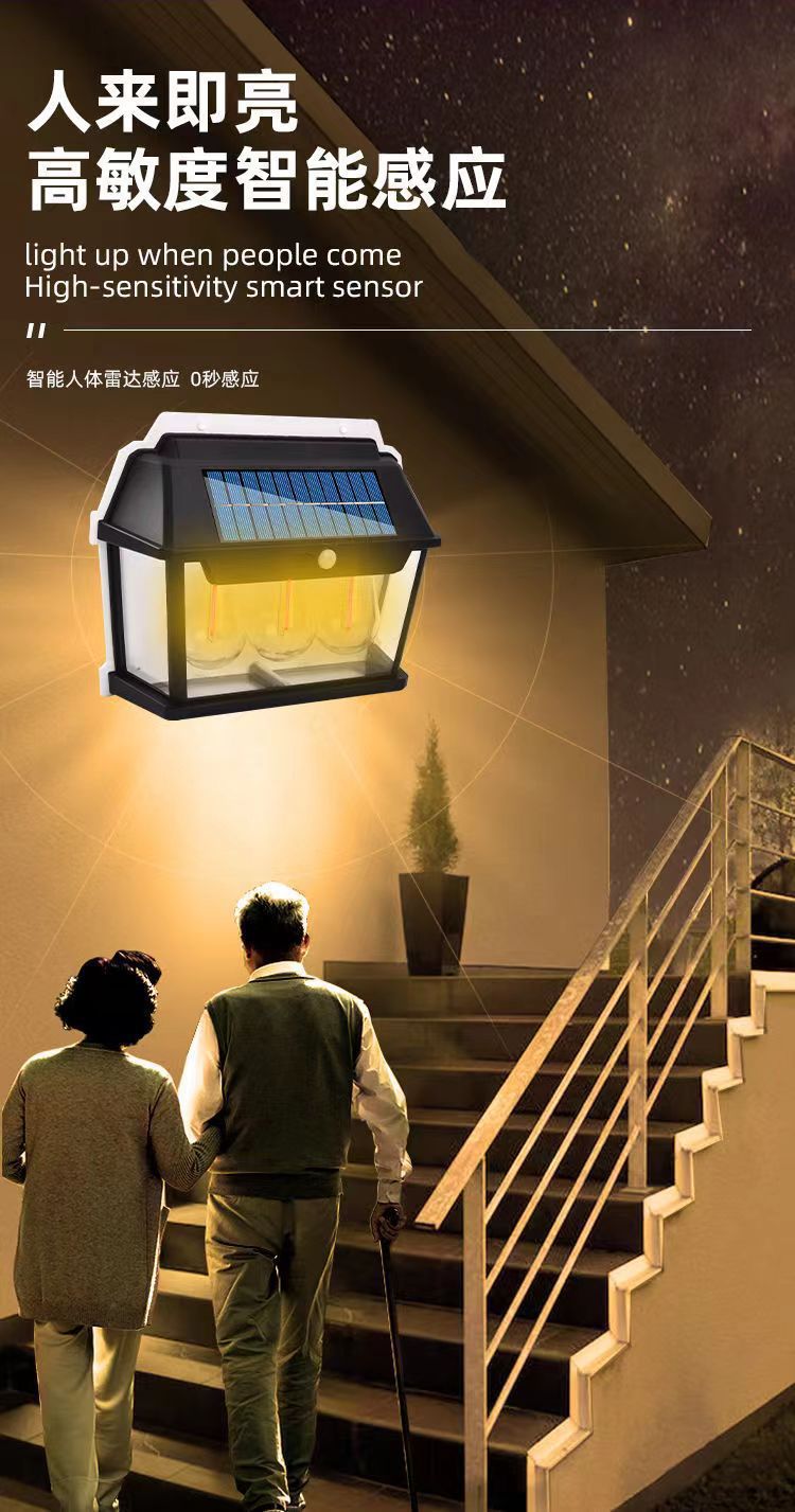 跨境新款彩光户外防水钨丝壁灯庭院照明感应灯花园小夜灯太阳能灯详情7