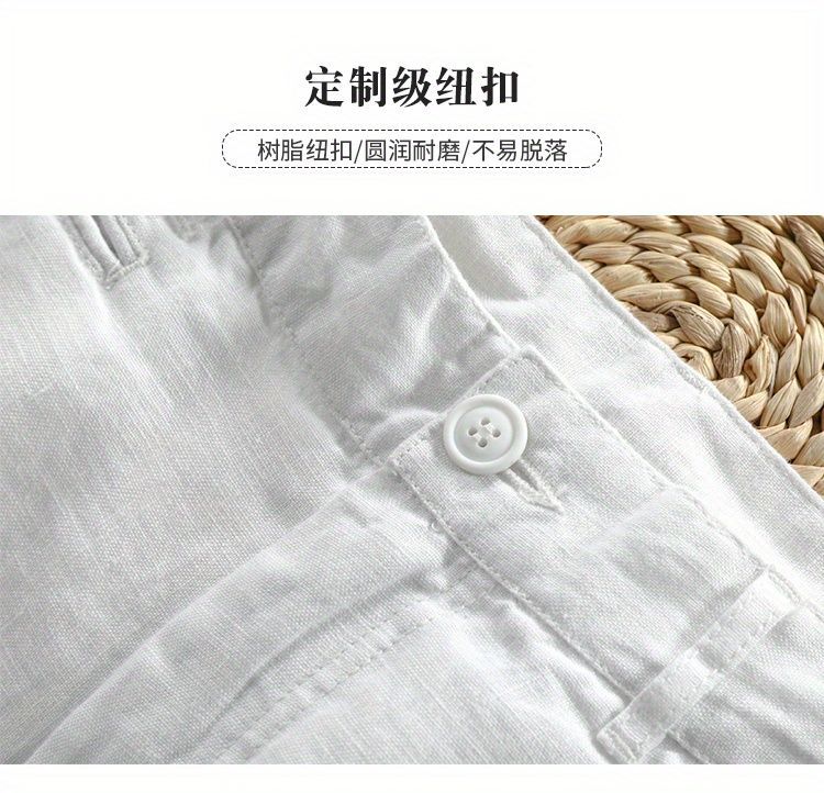 新款男士休闲纯亚麻五分裤透气薄款纯色沙滩短裤子纯麻料麻布中裤详情3