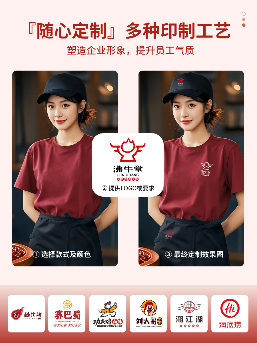 酒红色t恤定制印字logo火锅饭店餐饮专用服务员夏季短袖工作服详情3