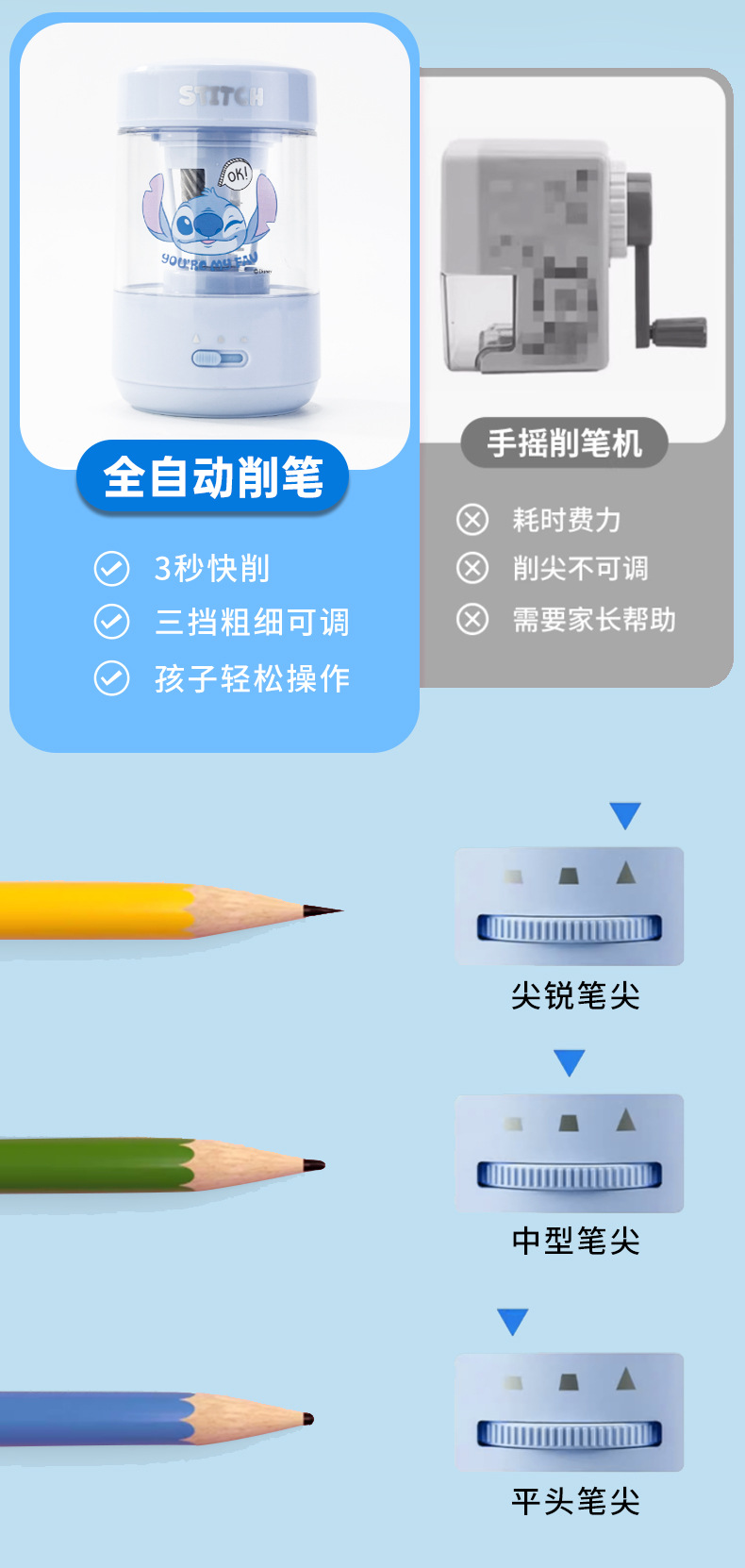 迪士尼全自动转笔刀 小学生文具电动卷笔刀 自动进铅铅笔刀削器详情6