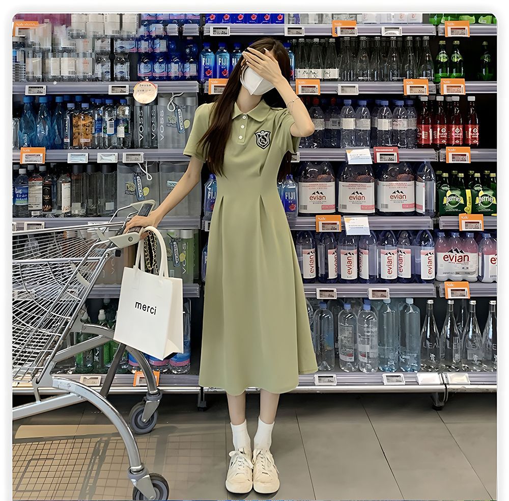 夏季POLO领短袖连衣裙女收腰显瘦过膝长裙学院风中长款休闲A字裙详情1