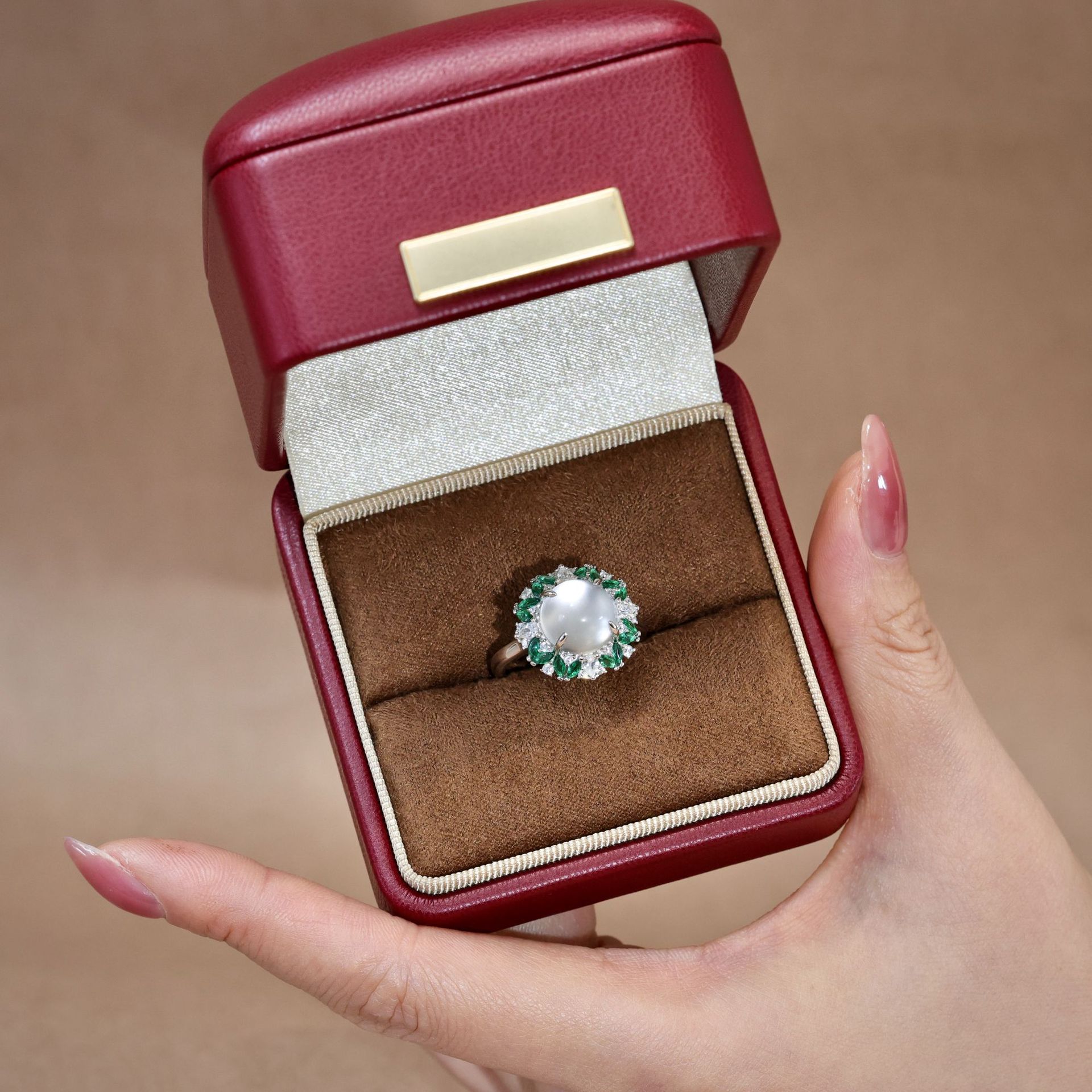 新中式国风蛋面天然水沫玉项链戒指套装S925银祖母绿宝石吊坠饰品礼盒详情13