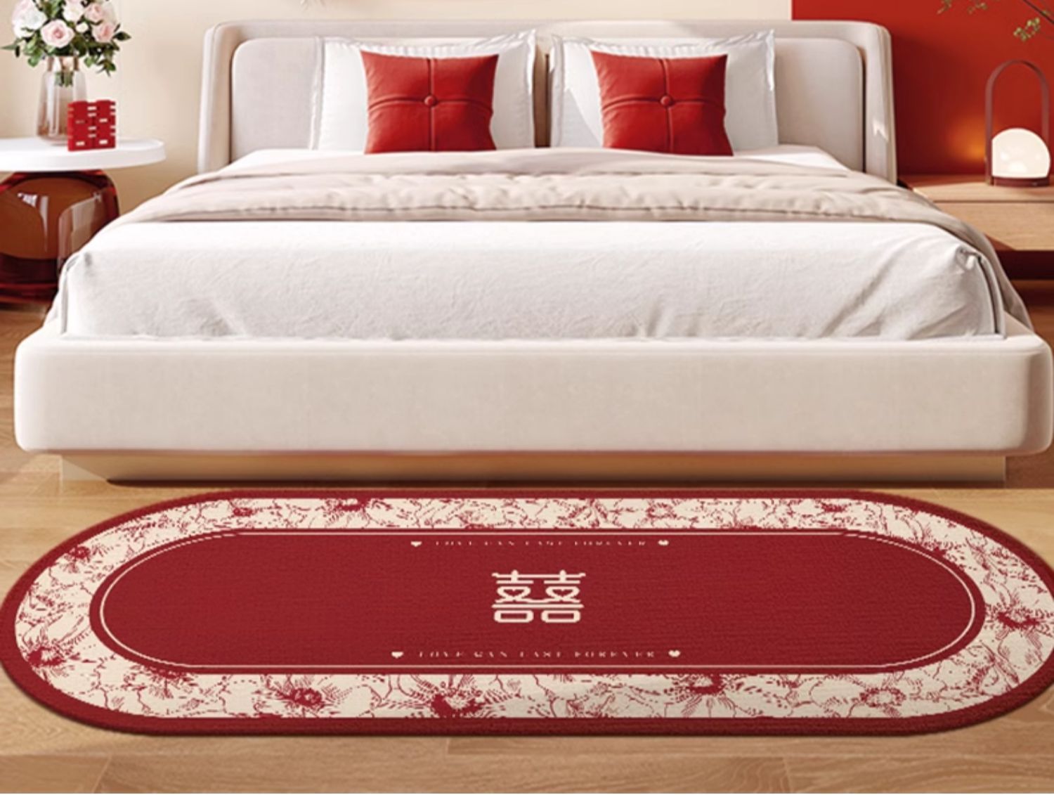 结婚床边地毯卧室地垫婚房红色脚垫喜字新婚加厚防滑喜庆脚垫垫子详情4