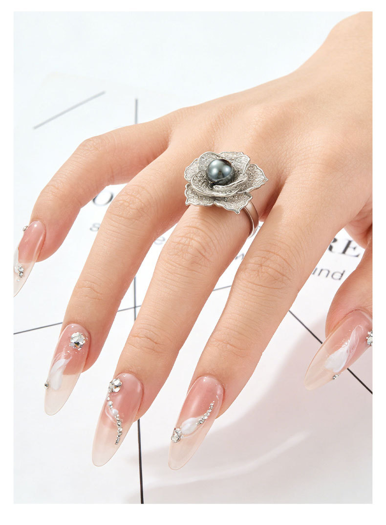 A light luxury and high-end grey pearl camellia open ring, a copper alloy slightly inlaid zircon adjustable index finger ring pic 13