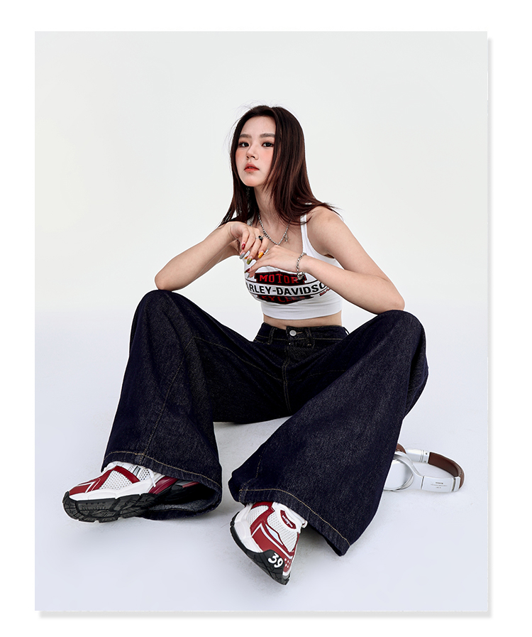 深蓝美式宽松阔腿牛仔裤女2025年夏季新款垂感慵懒休闲拖地直详情15