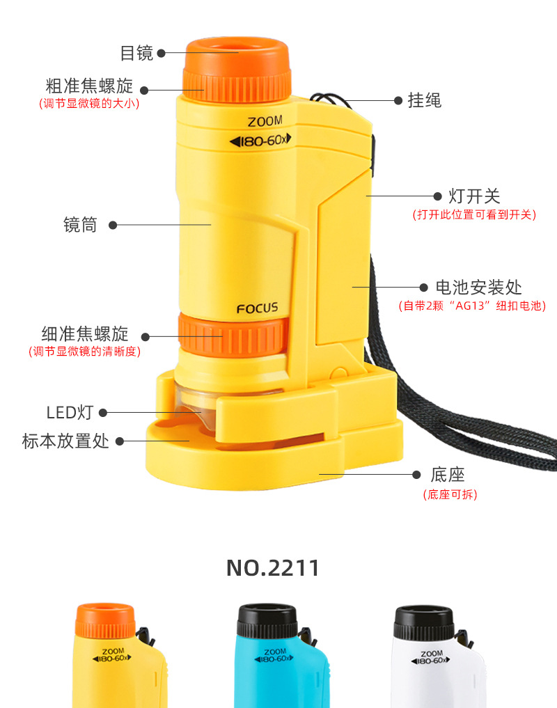 儿童便携式手持显微镜180倍生物标本放大镜学生科学科教实验玩具详情16