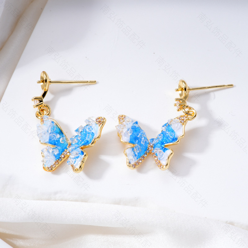 Pearl ring, earneedle pendant, micro-inlaid three-piece set, empty stand butterfly style, oil drip design, DIY light luxury style pic 5