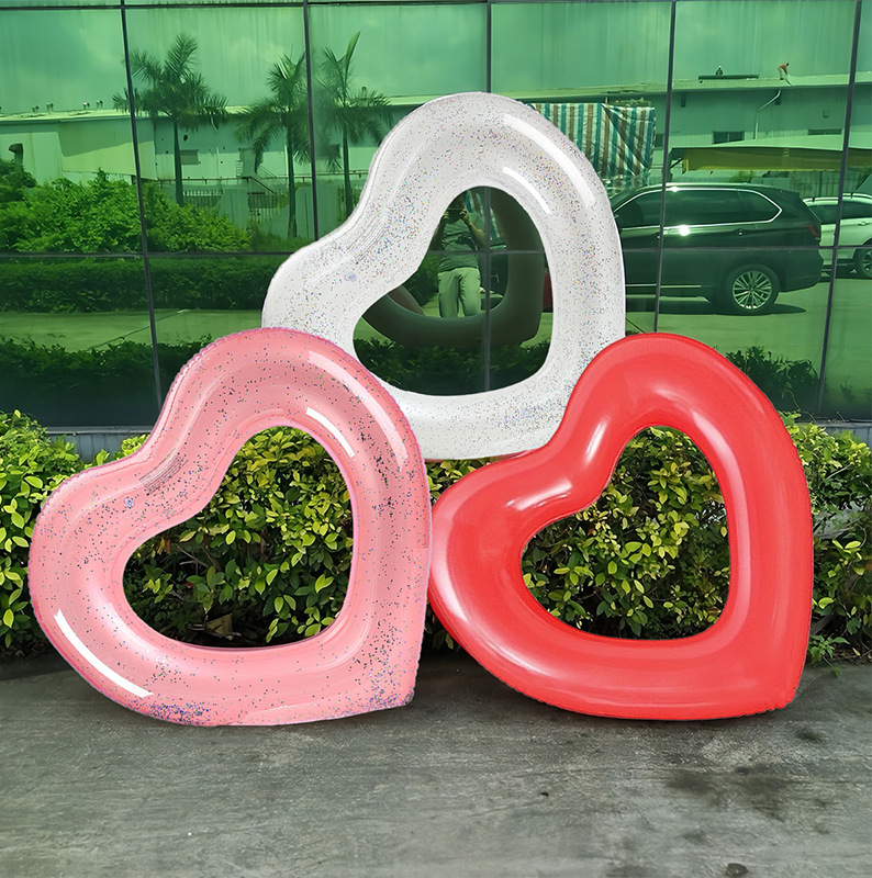 Heart-shaped transparent swimming ring, thickened PVC water inflatable sequined heart-shaped swimming ring, adult floating bed inflatable pic 9