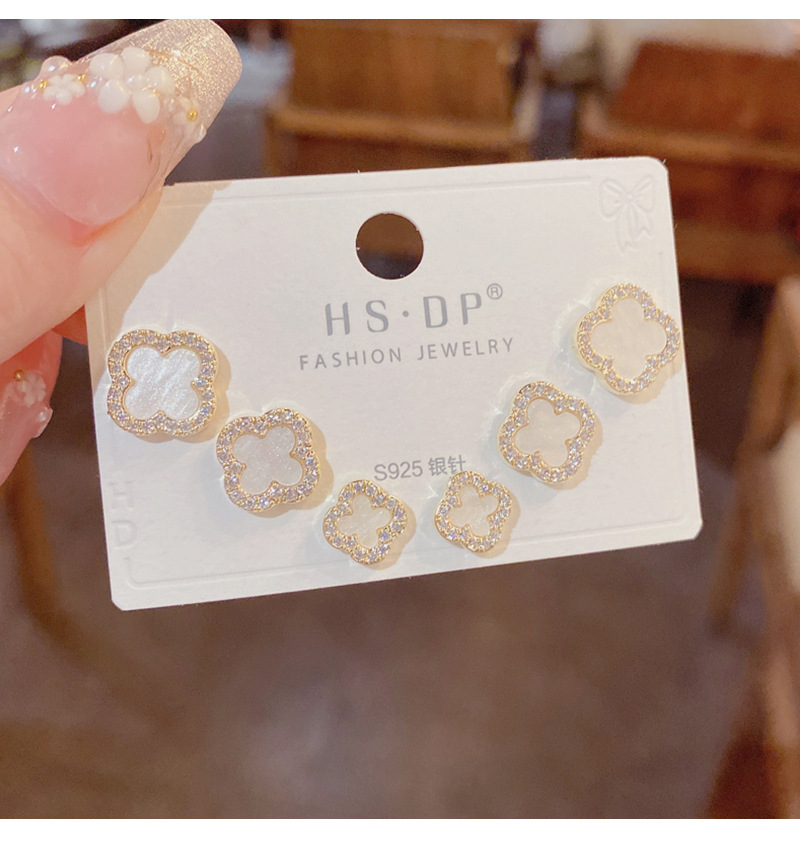 s925银针微镶锆石四叶花三件套耳钉女气质时尚简约小巧耳环耳饰女详情4