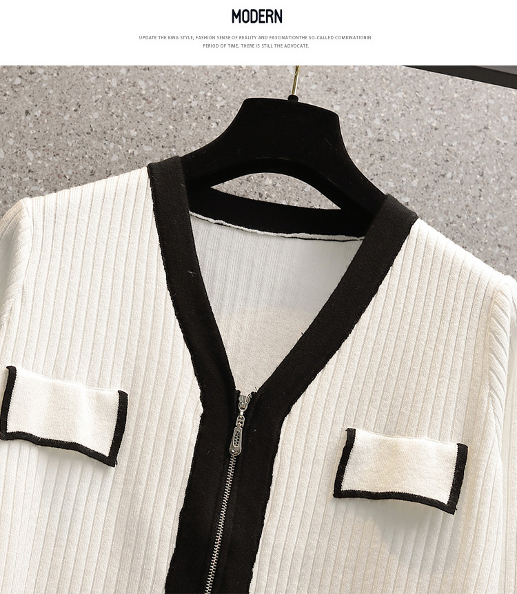 A 200-pound large-sized chanel-style knitted cardigan for early autumn, a V-neck double zipper loose, waist-cinching and slimming base layer for women pic 17