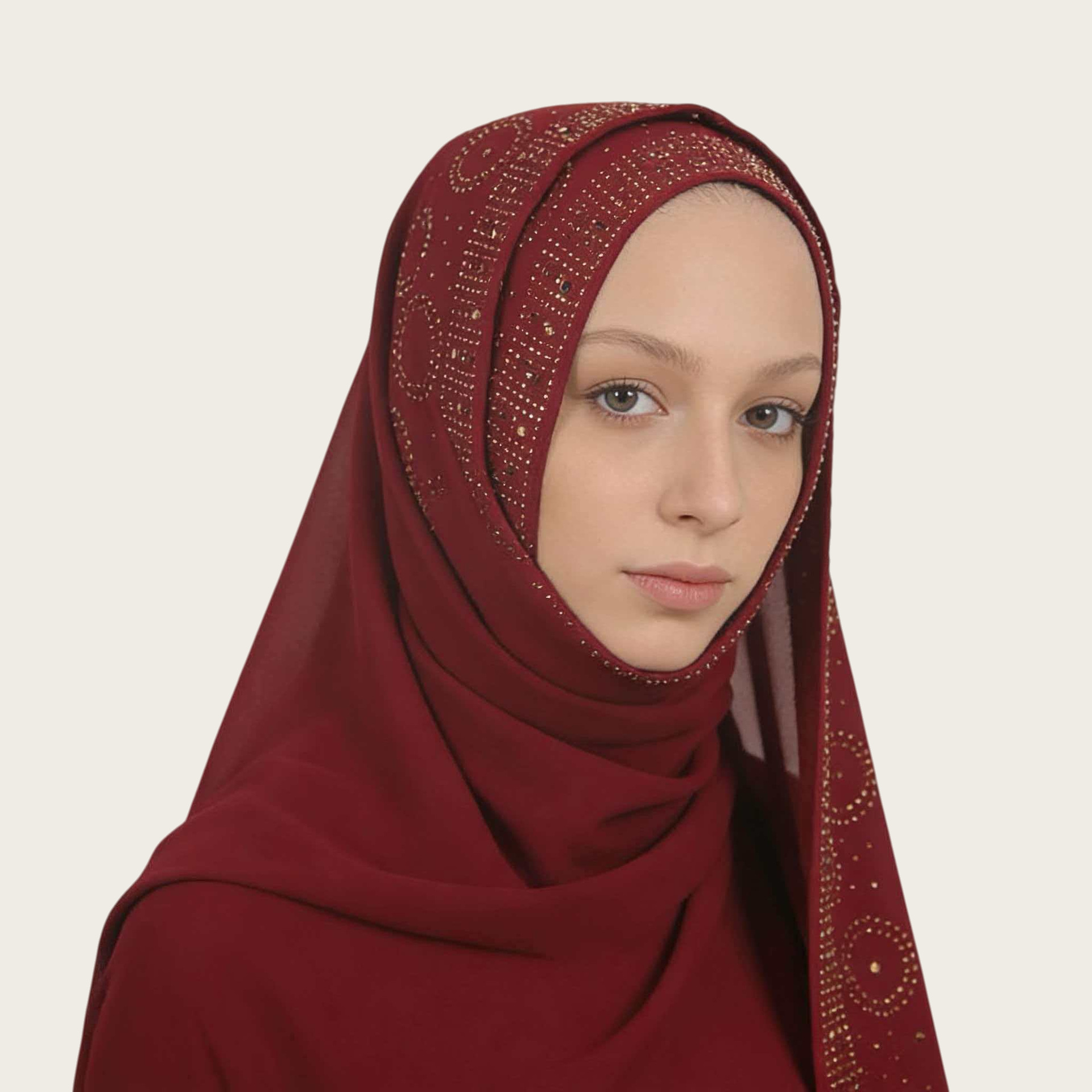 A007素色单色跨境新款围巾烫钻珍珠雪仿烫钻长巾盖头纱巾头巾花边详情5