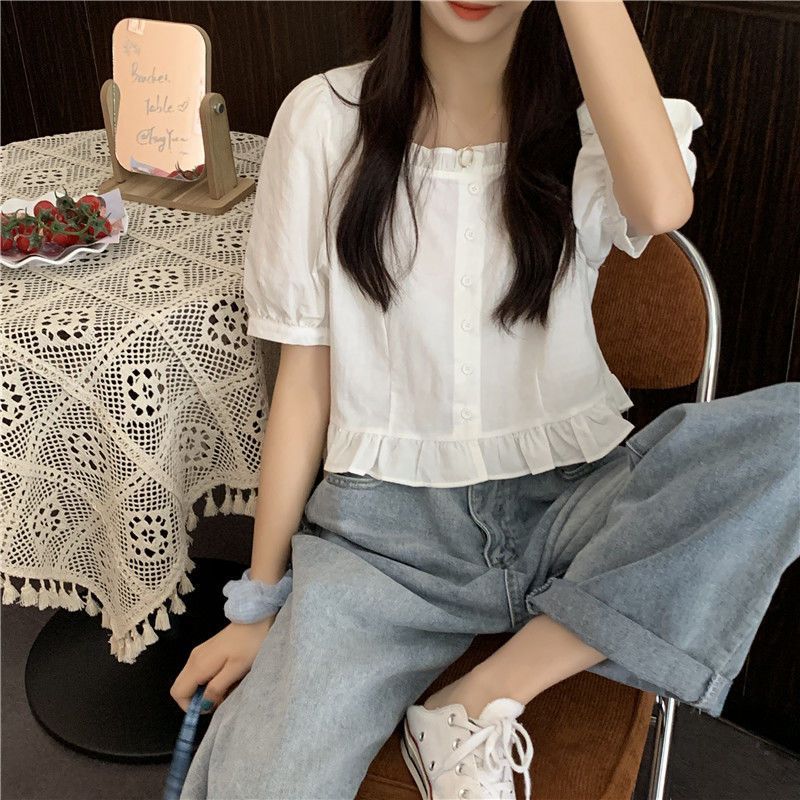 短袖衬衫女设计感小众夏季法式甜美减龄短款上衣方领小个子娃娃衫详情22