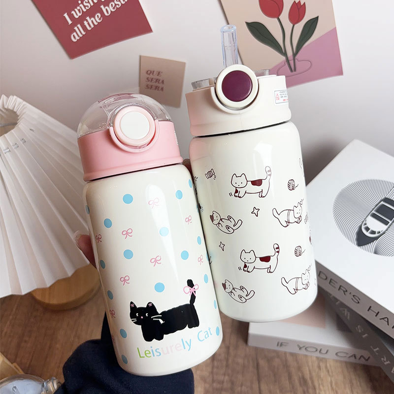 简约小猫保温杯可爱高颜值女生学生吸管杯儿童316不锈钢双饮水杯详情23