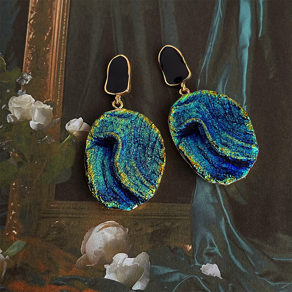 Vintage Light Middle Age [Xisha Islands] Retro blue and gold earrings, high-end vintage exaggerated earrings pic 9