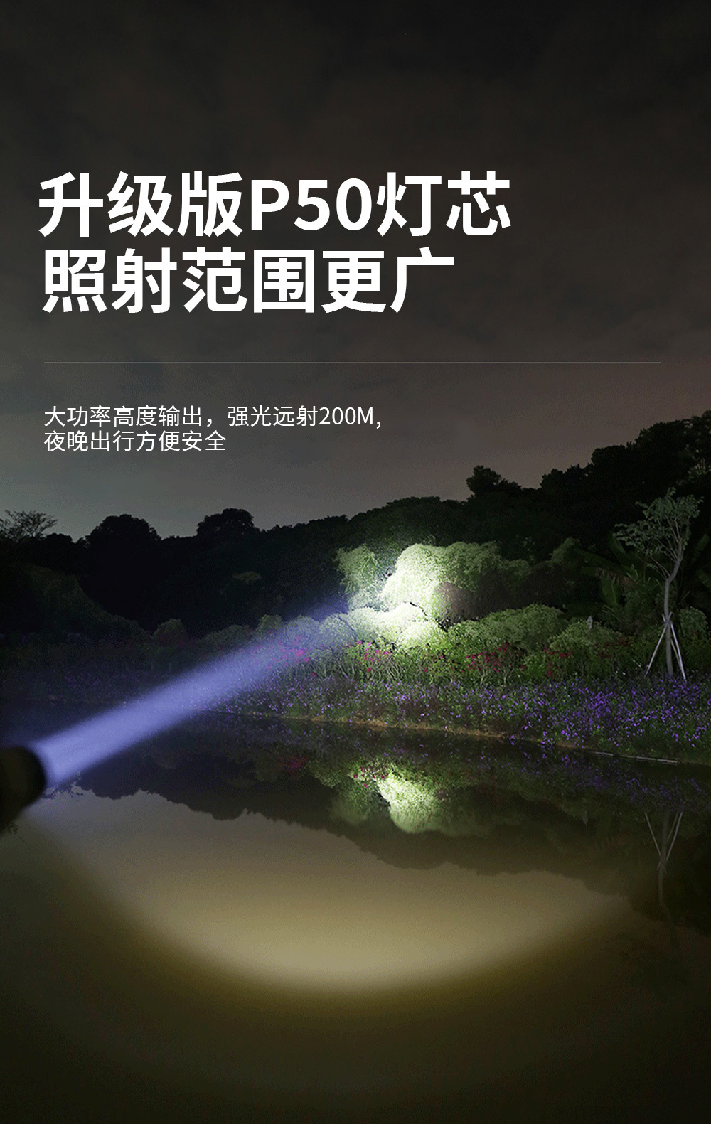 跨境新款强光手电筒户外多功能远射照明手电白激光工作侧灯详情33