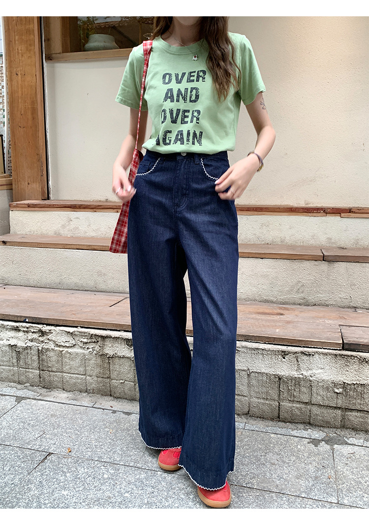 陆小团团复古花边直筒薄牛仔裤2025夏季新款显瘦阔腿小个子裤子女详情36