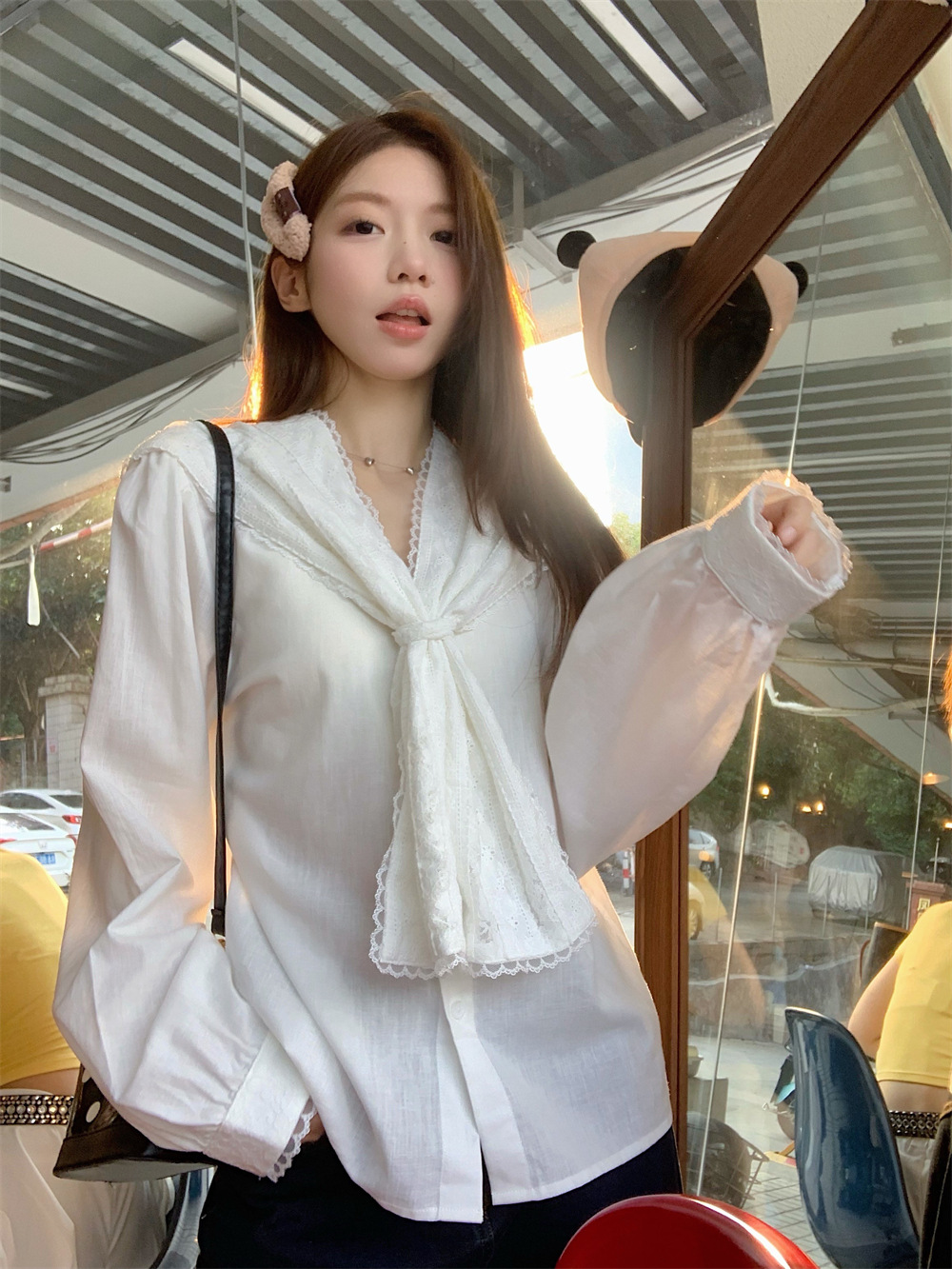 新中式复古蕾丝花边海军领衬衫女春季小众别致宽松长袖雪纺衫上衣潮详情7