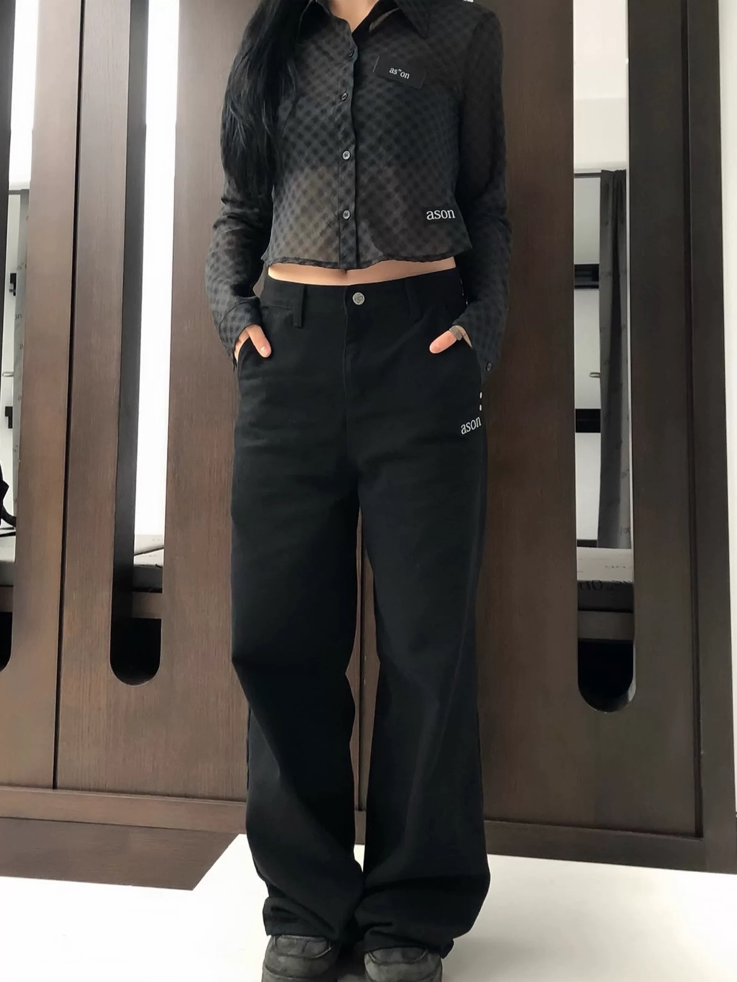 韩国小众 aso*秋新款口袋字母刺绣牛仔裤宽松直筒显瘦高腰长裤女详情9