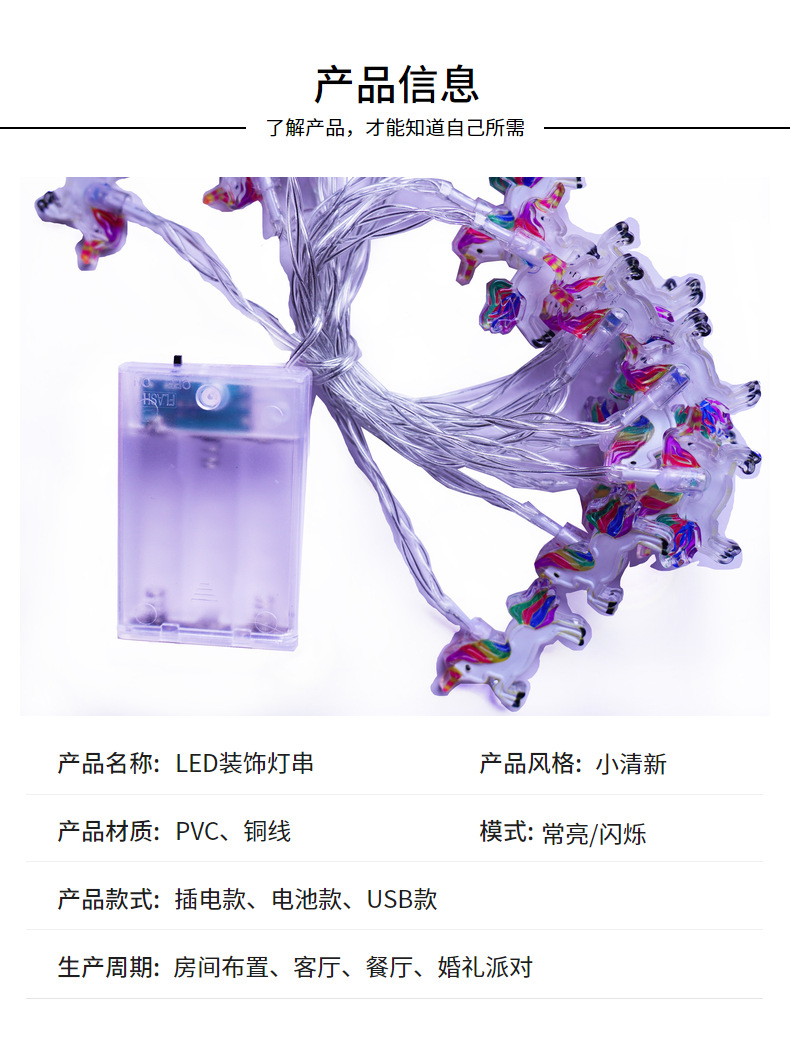 跨境新款led独角兽卡通装饰彩虹灯串卧室氛围灯儿童帐篷装饰彩灯详情5
