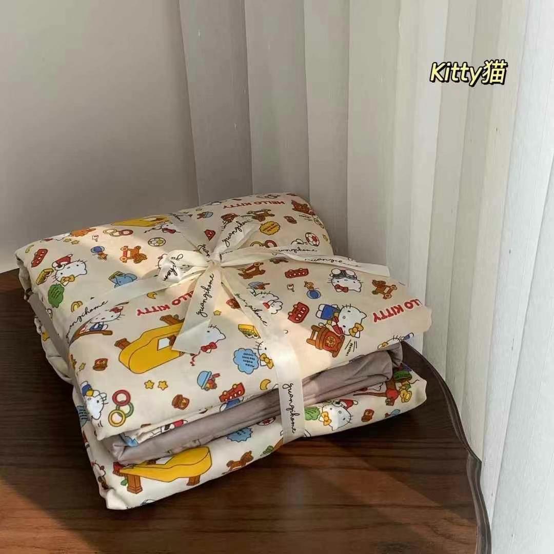 A set of three or four pieces with fresh small floral print double-layer yarn, pure cotton soft naked sleeping quilt cover and cartoon bedding pic 16