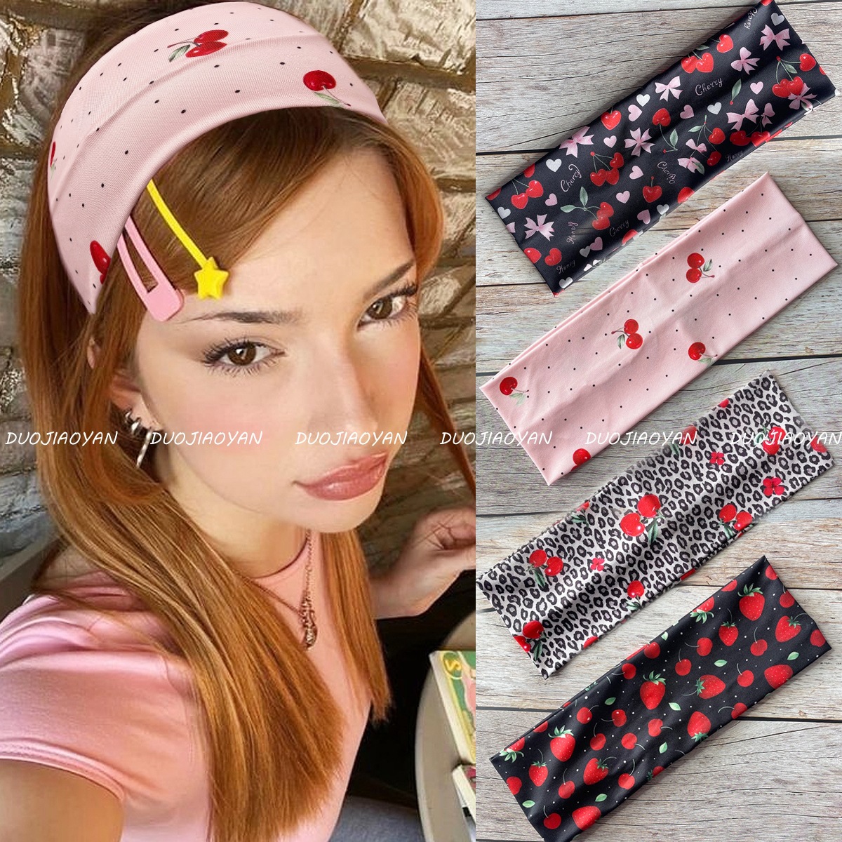 The new cherry-printed hair band from Europe and America is fashionable, sweet and cool. It features a fruit-patterned hair accessory with wide edges and a flat elastic band for women pic 2