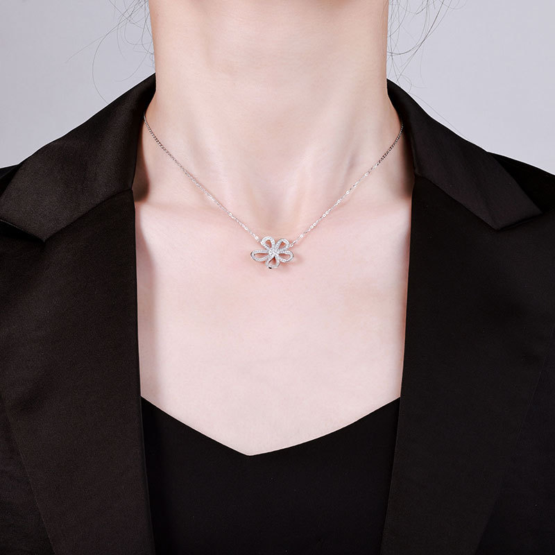 Silver light luxury, niche female full diamond sunflower collarbone chain, popular hollowed-out pendant, moissanite, pure silver camellia pic 11