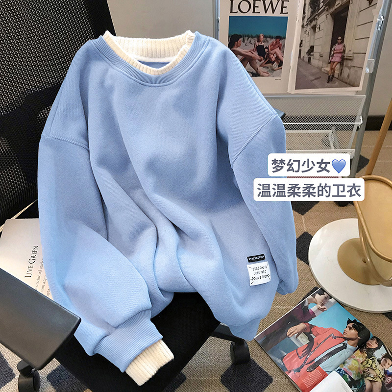 新品女式卫衣定制加绒圆领卫衣女款厚假两件长袖宽松大码女装衣服详情15