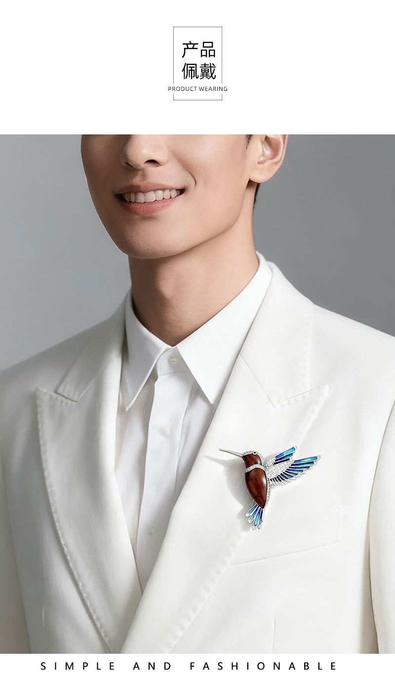 Original design wood grain color wing hummingbird brooch, dual-purpose light luxury copper alloy, real gold electroplated and set with zircon pin, dual-purpose pic 11