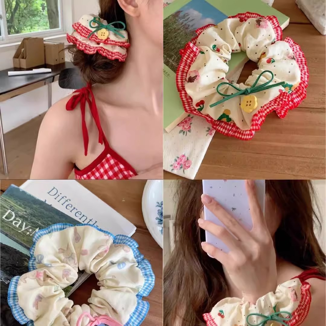 Cute little bear rabbit checkered lace trim large intestine hair band, girlish heart bow, fabric hair tie, leather band hair tie pic 13